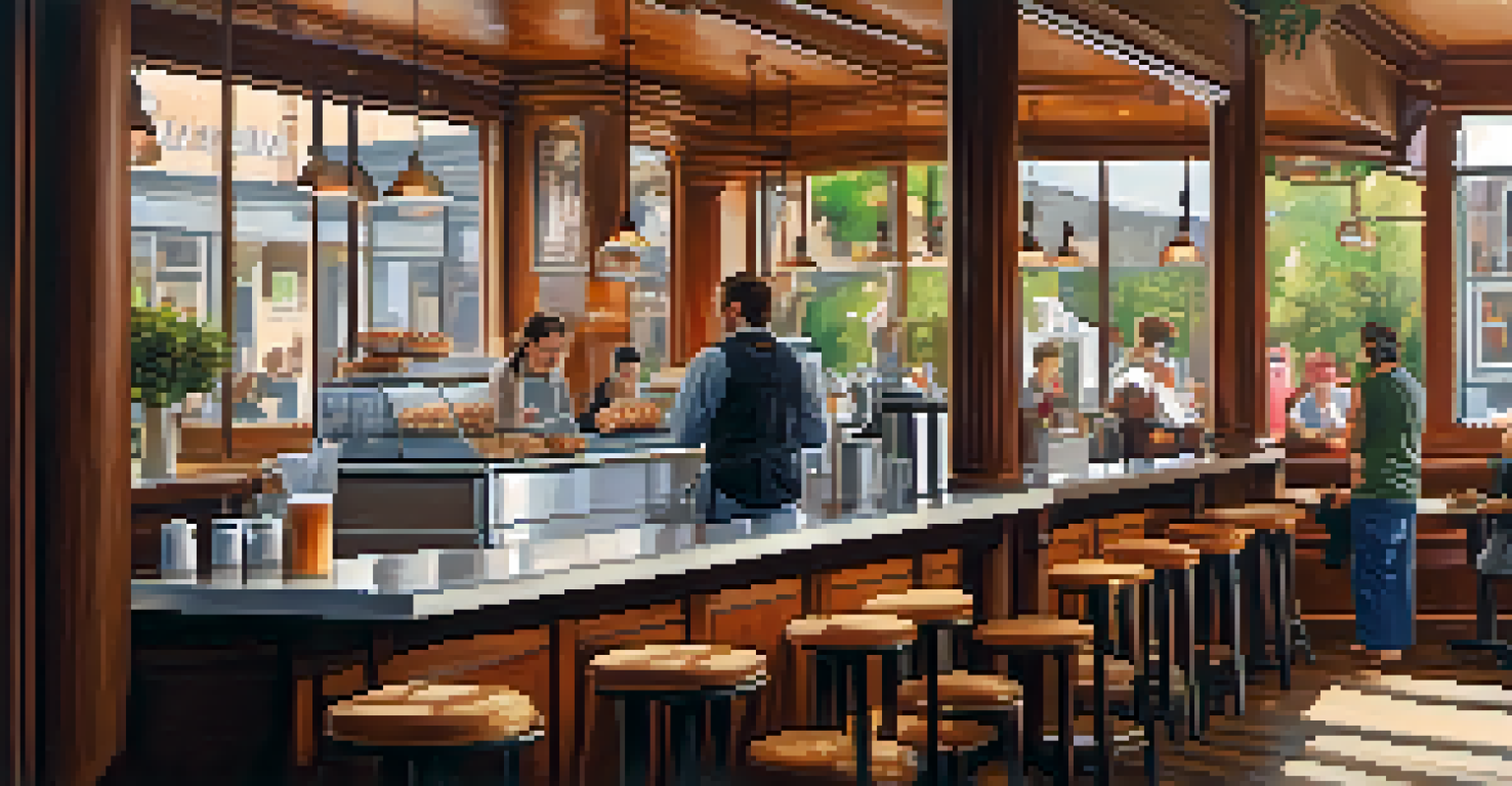 A warm coffee shop interior with wooden furniture, a barista preparing coffee, and customers enjoying drinks at tables.