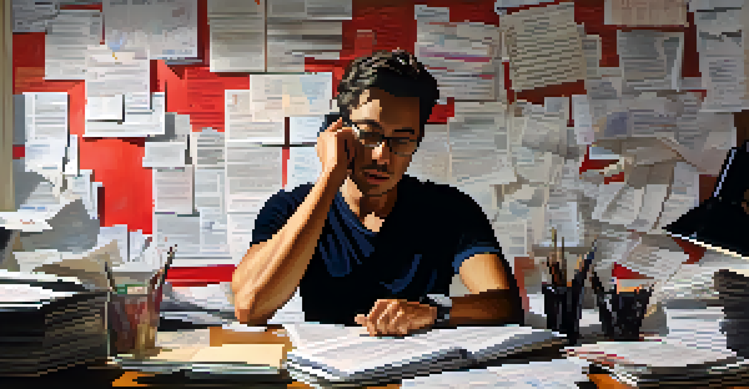 A concerned person at a desk with financial documents and a laptop, surrounded by papers with warning signs about investment risks.