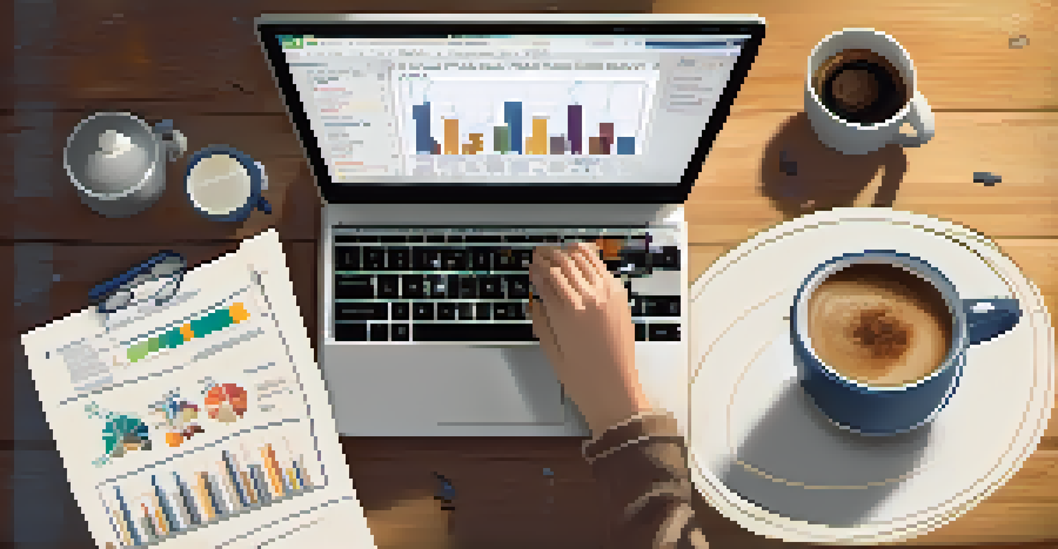 A close-up of hands typing on a laptop with financial charts on the screen, surrounded by a coffee cup and notepad.