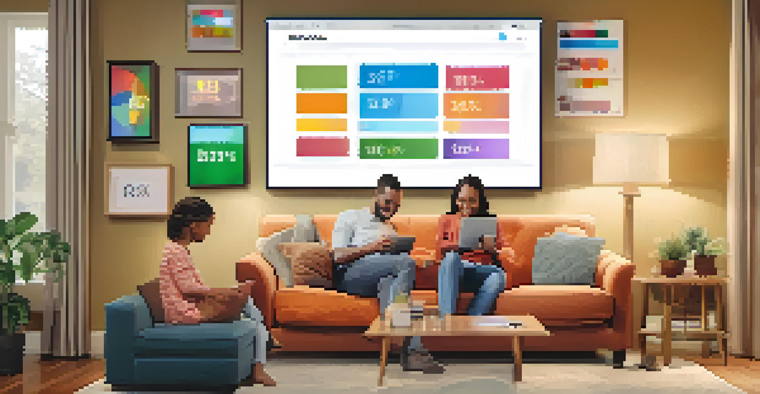 A family using a budgeting app on a tablet in a stylish living room.