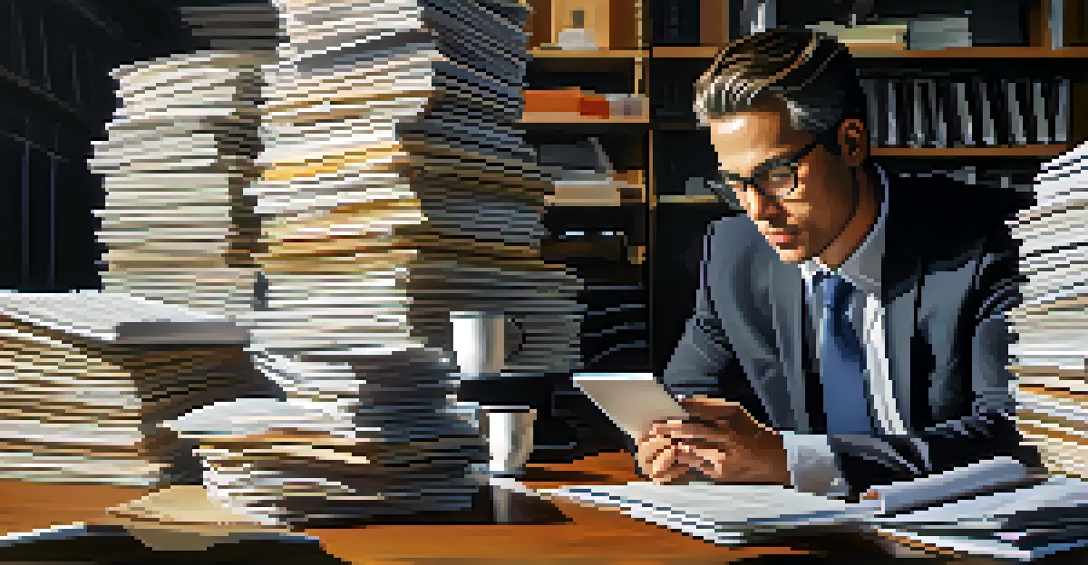A business professional closely analyzing financial reports on a tablet surrounded by paperwork.