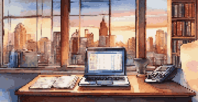 A modern office desk with a laptop, financial documents, and a calculator, with a city skyline visible through a window at sunset.