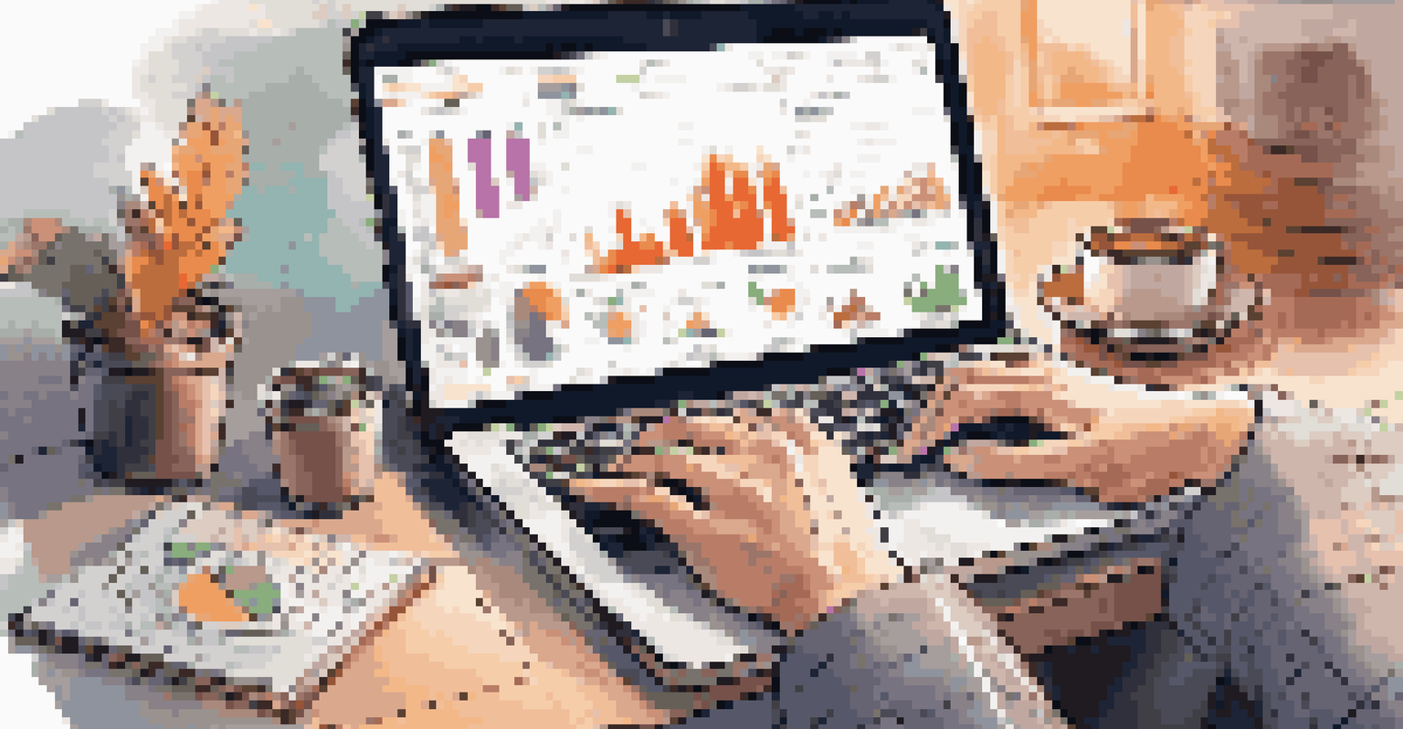 Close-up of hands typing on a laptop with financial graphs on the screen, a cup of coffee, and a notepad in a cozy workspace.
