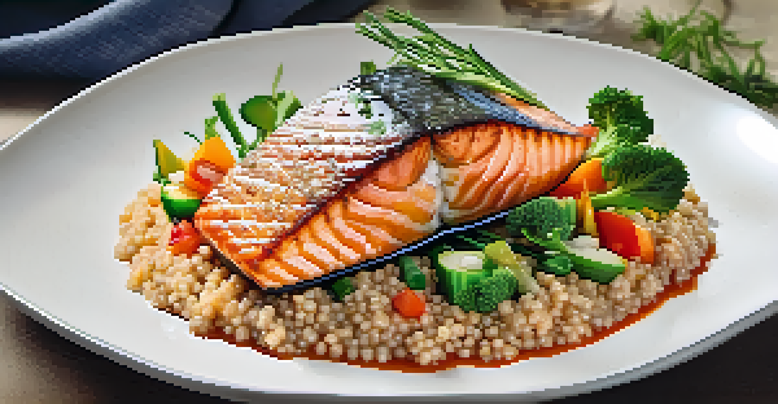 A gourmet plate of seared salmon with quinoa and vegetables, artistically garnished.