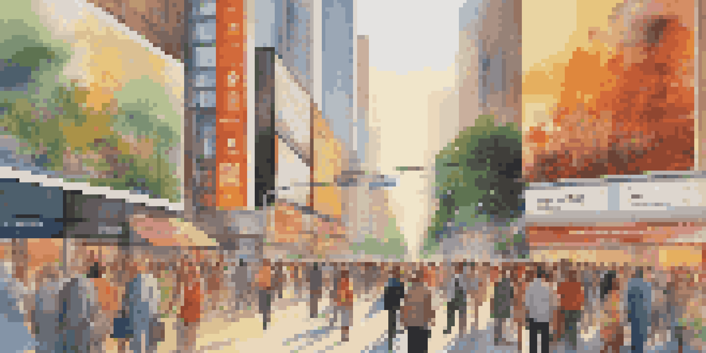 A busy city street filled with people engaging with digital news screens displaying economic news, surrounded by modern architecture and greenery under warm sunlight.