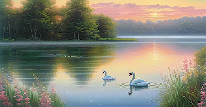 A tranquil sunrise over a lake with mist, surrounded by greenery and wildflowers, featuring a swan gliding on the water.