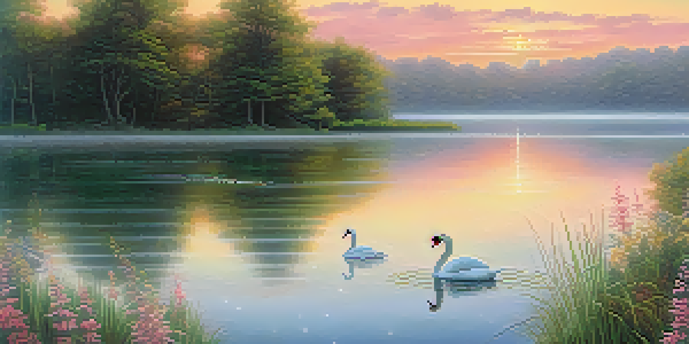 A tranquil sunrise over a lake with mist, surrounded by greenery and wildflowers, featuring a swan gliding on the water.