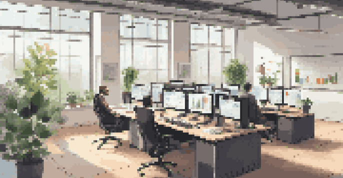 A bright modern office with computer screens showing financial data and graphs, featuring a potted plant on the desk.