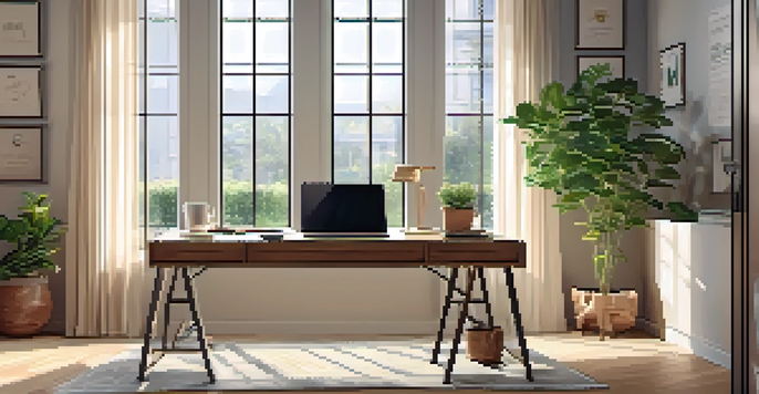 A cozy home office with a wooden desk, laptop, coffee cup, and plants under natural lighting.