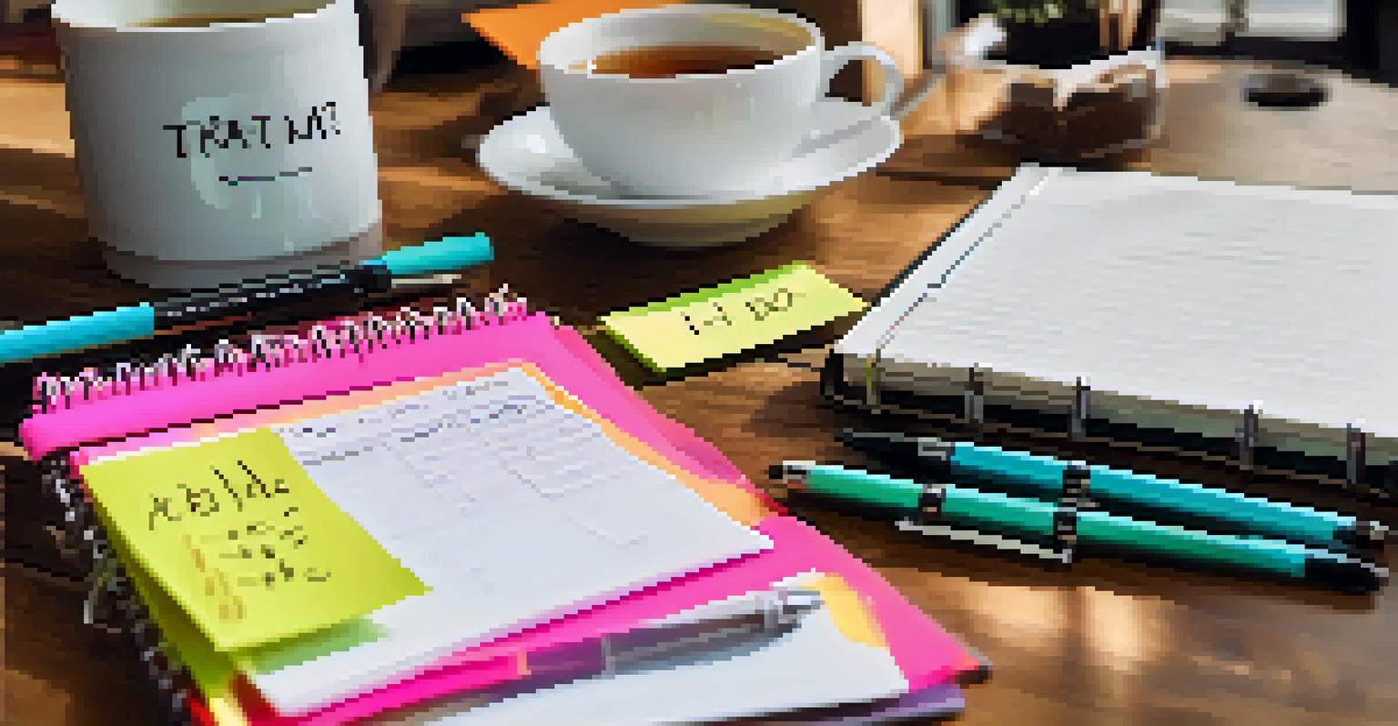 A close-up of a handwritten to-do list on a wooden desk with colorful sticky notes.