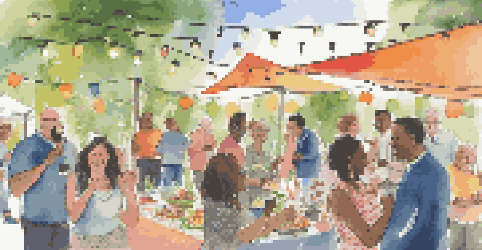 A lively outdoor networking event with professionals chatting and a buffet table, decorated with string lights.