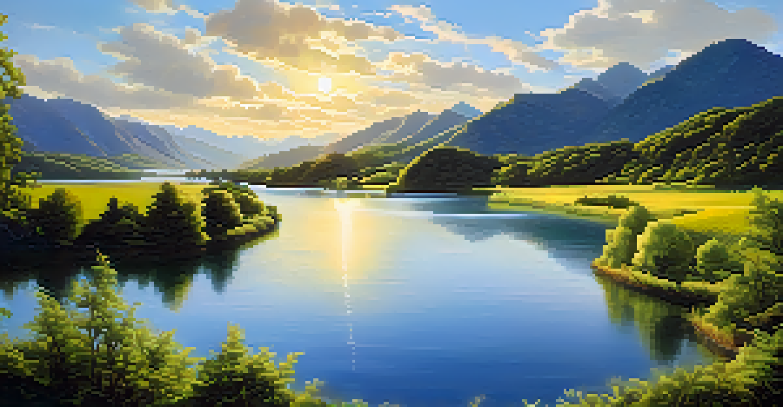 A peaceful landscape with a winding river, lush greenery, distant mountains, and a bright blue sky with fluffy clouds.
