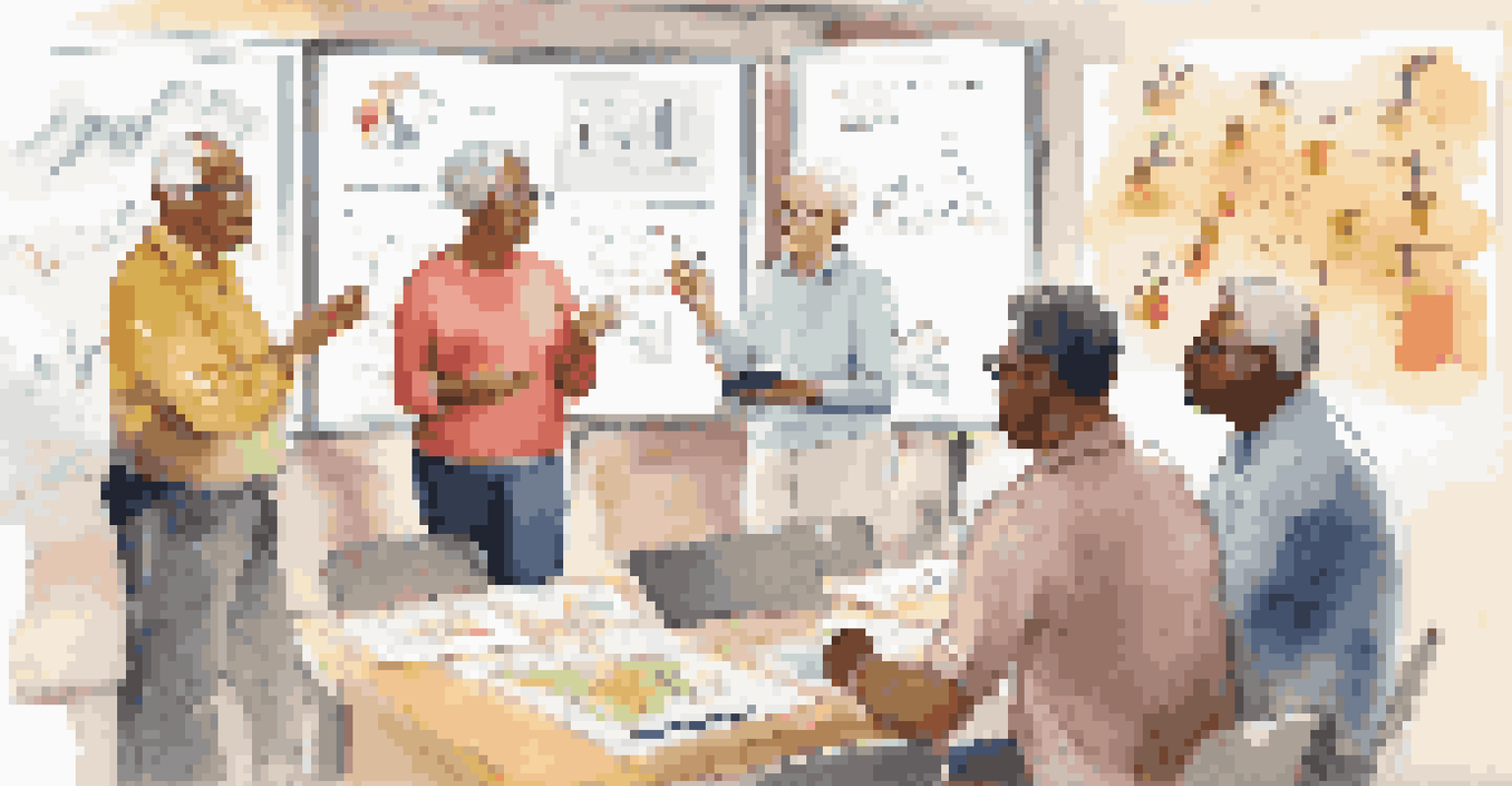 A diverse group of individuals in a workshop discussing financial planning, with a bright room and a whiteboard filled with charts.