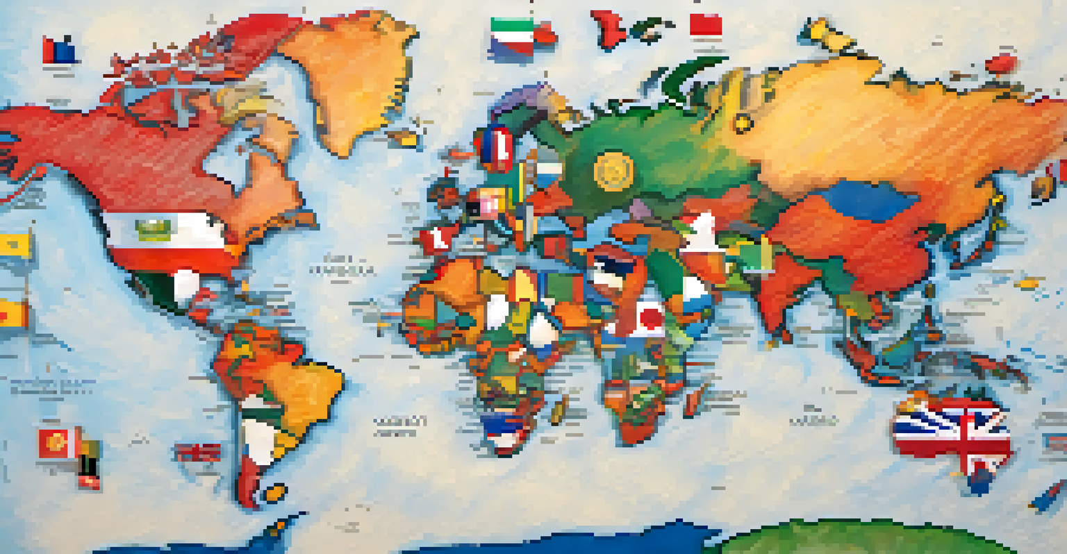 A colorful world map featuring country flags and arrows representing investment flows and growth opportunities.