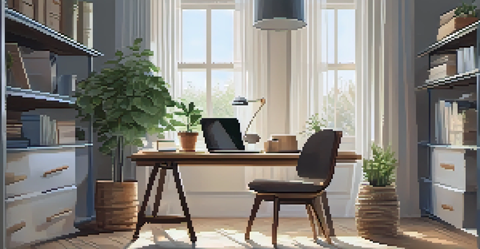 A cozy home office with a wooden desk, laptop, and natural light coming through a window.
