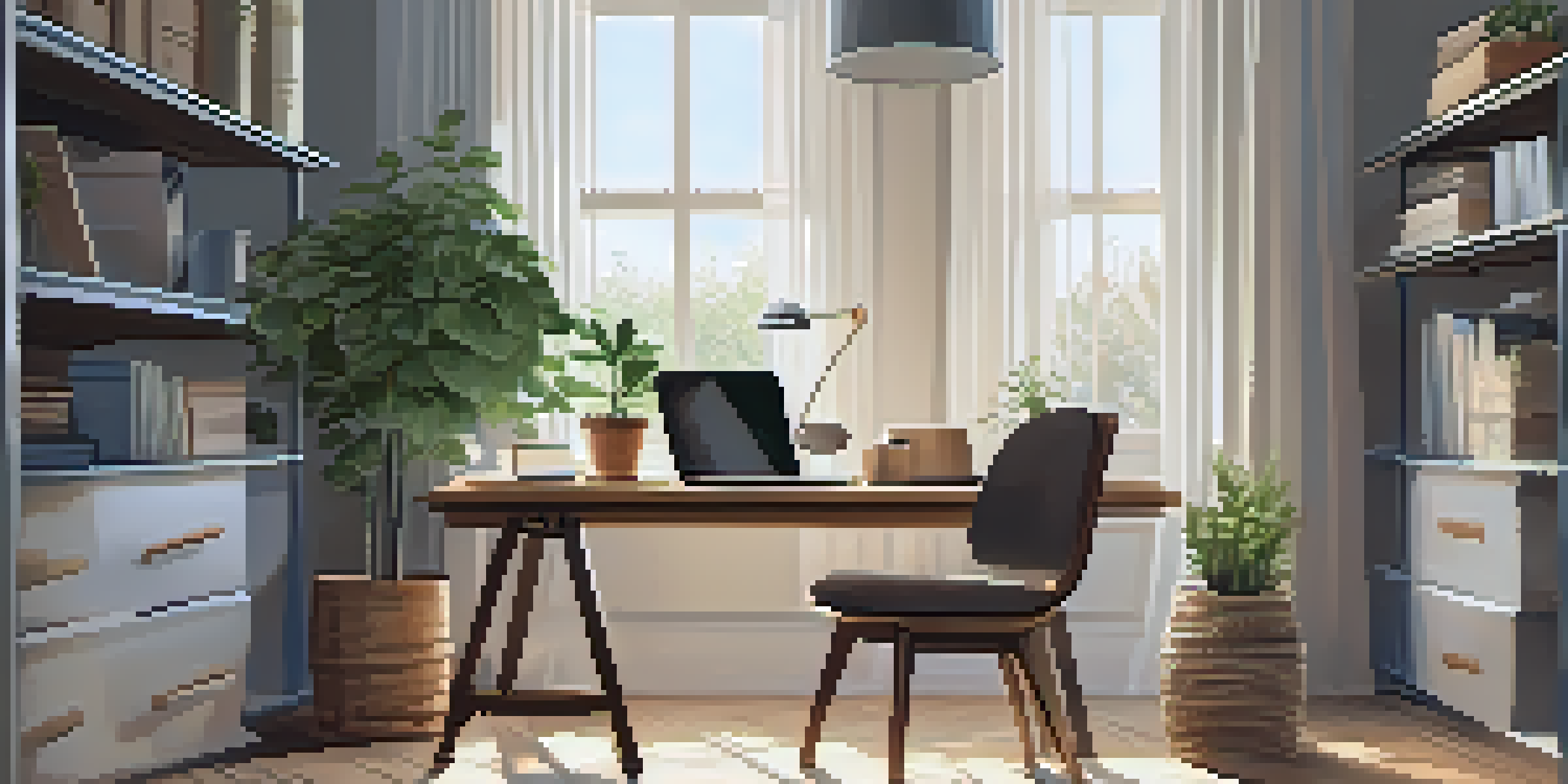 A cozy home office with a wooden desk, laptop, and natural light coming through a window.