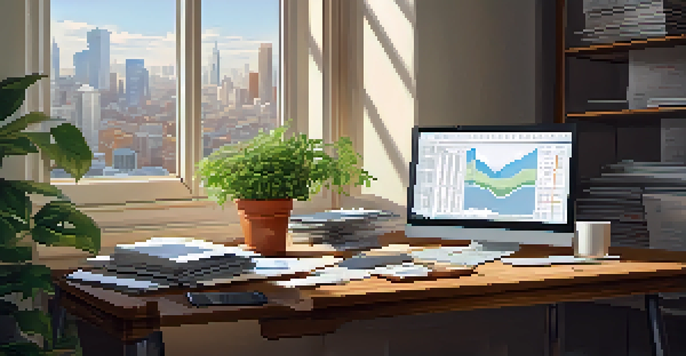An organized office desk with financial documents and a laptop showing stock market trends, illuminated by natural light.