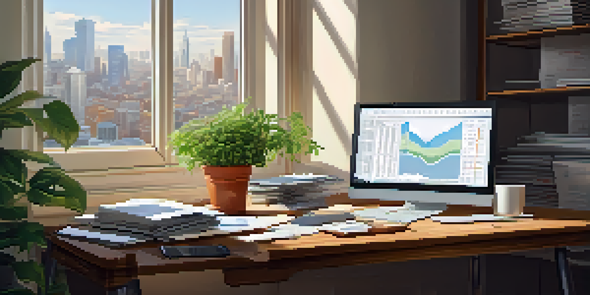An organized office desk with financial documents and a laptop showing stock market trends, illuminated by natural light.
