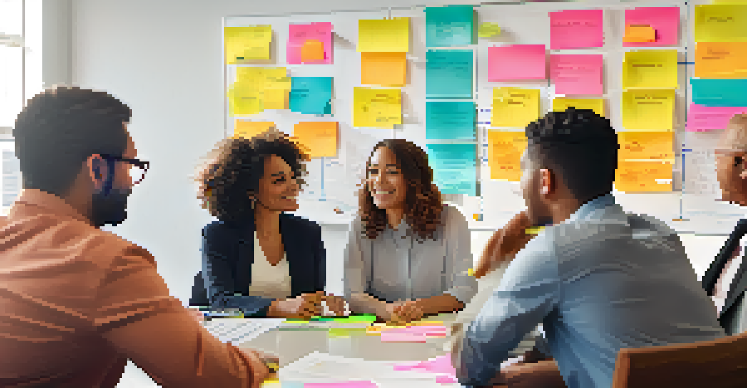 A diverse group of club members brainstorming investment strategies, with sticky notes and charts on a whiteboard in a bright, modern setting.