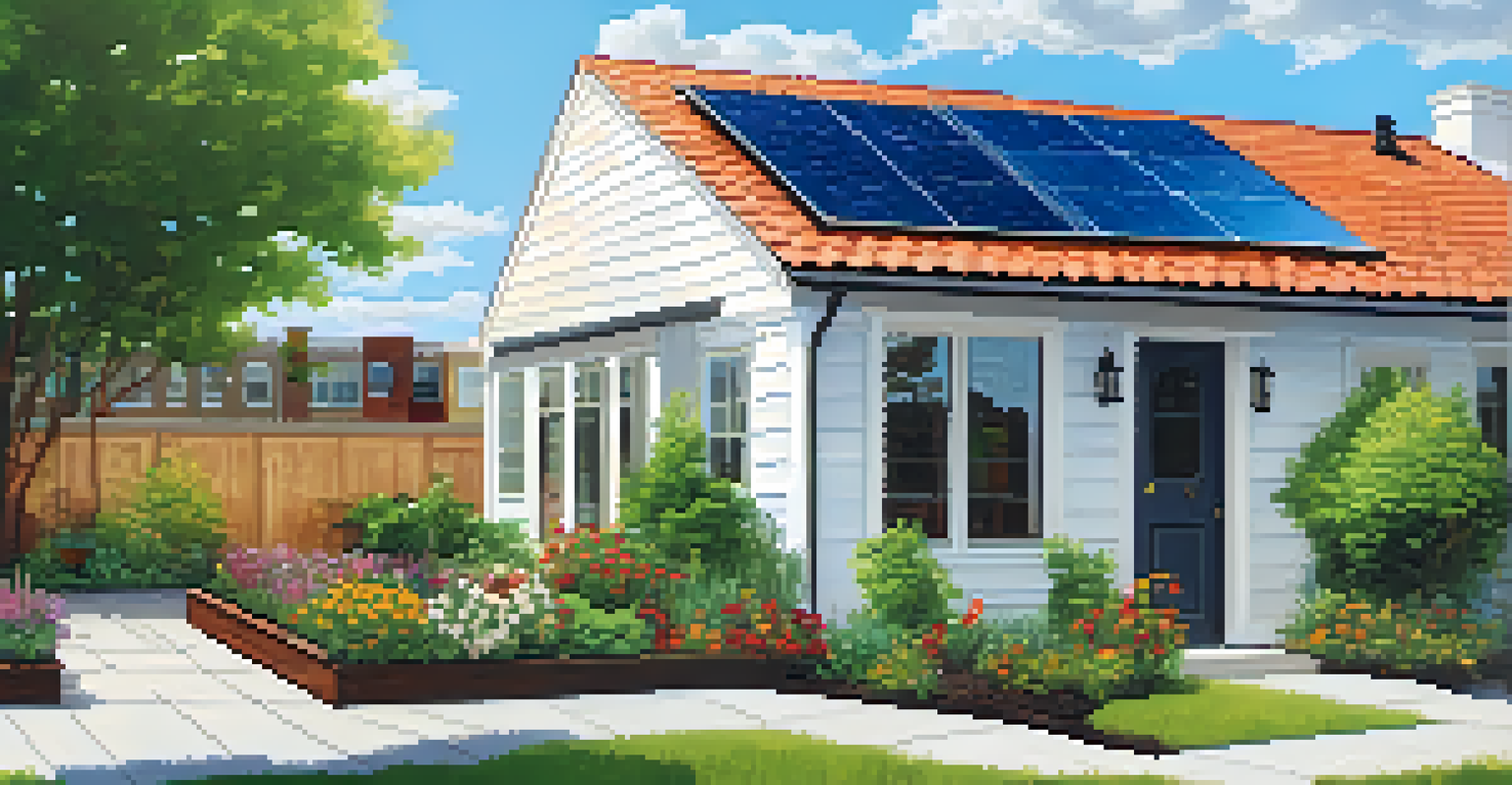 A close-up of solar panels on a rooftop with a garden and a clear blue sky in the background.