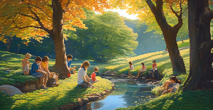 A diverse group of people standing around a large tree in a sunny landscape, representing community and sustainability.