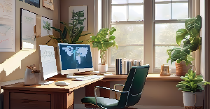 A cozy home office with a computer showing financial graphs, plants, and bookshelves, illuminated by soft morning light.