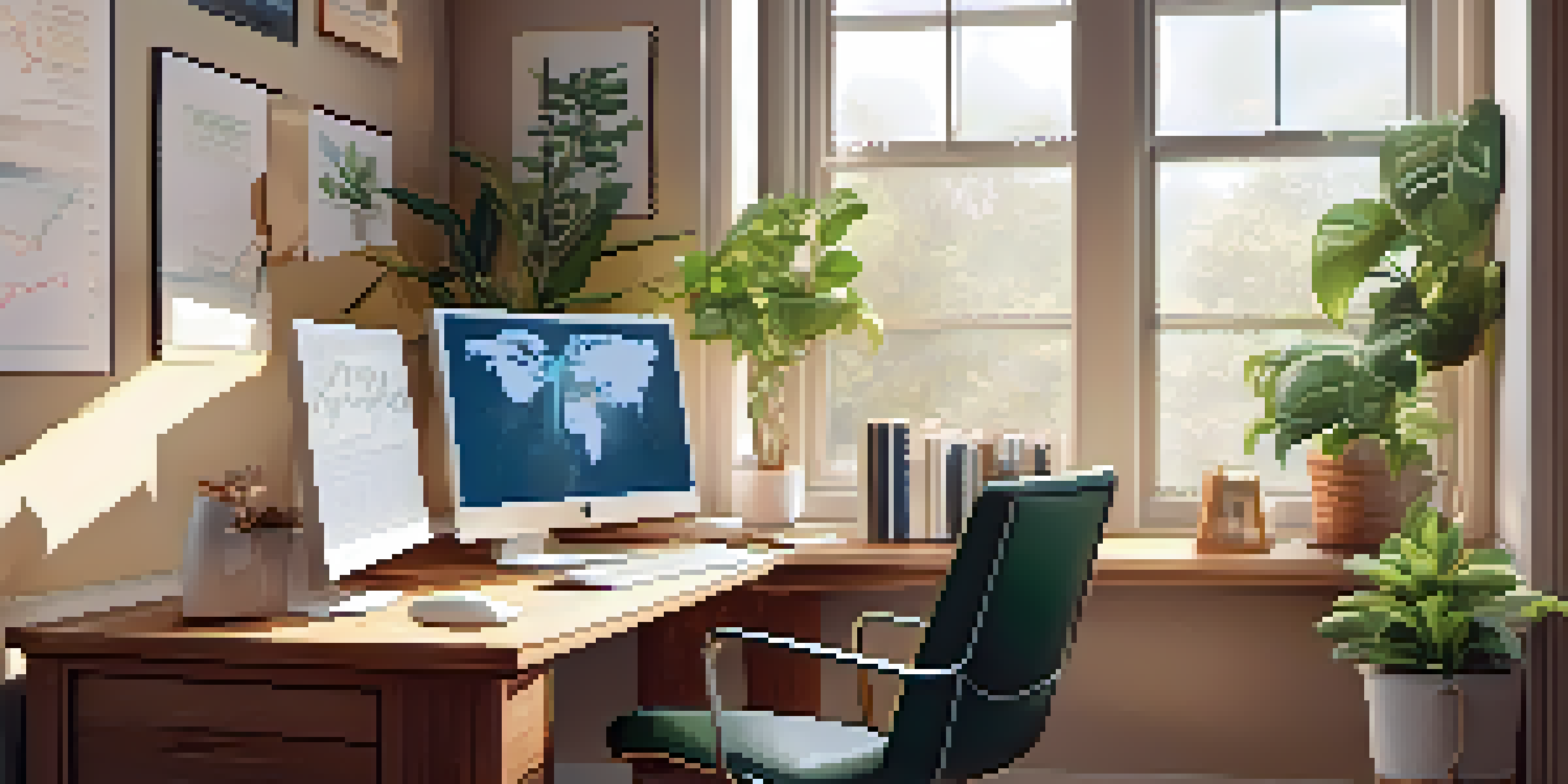 A cozy home office with a computer showing financial graphs, plants, and bookshelves, illuminated by soft morning light.