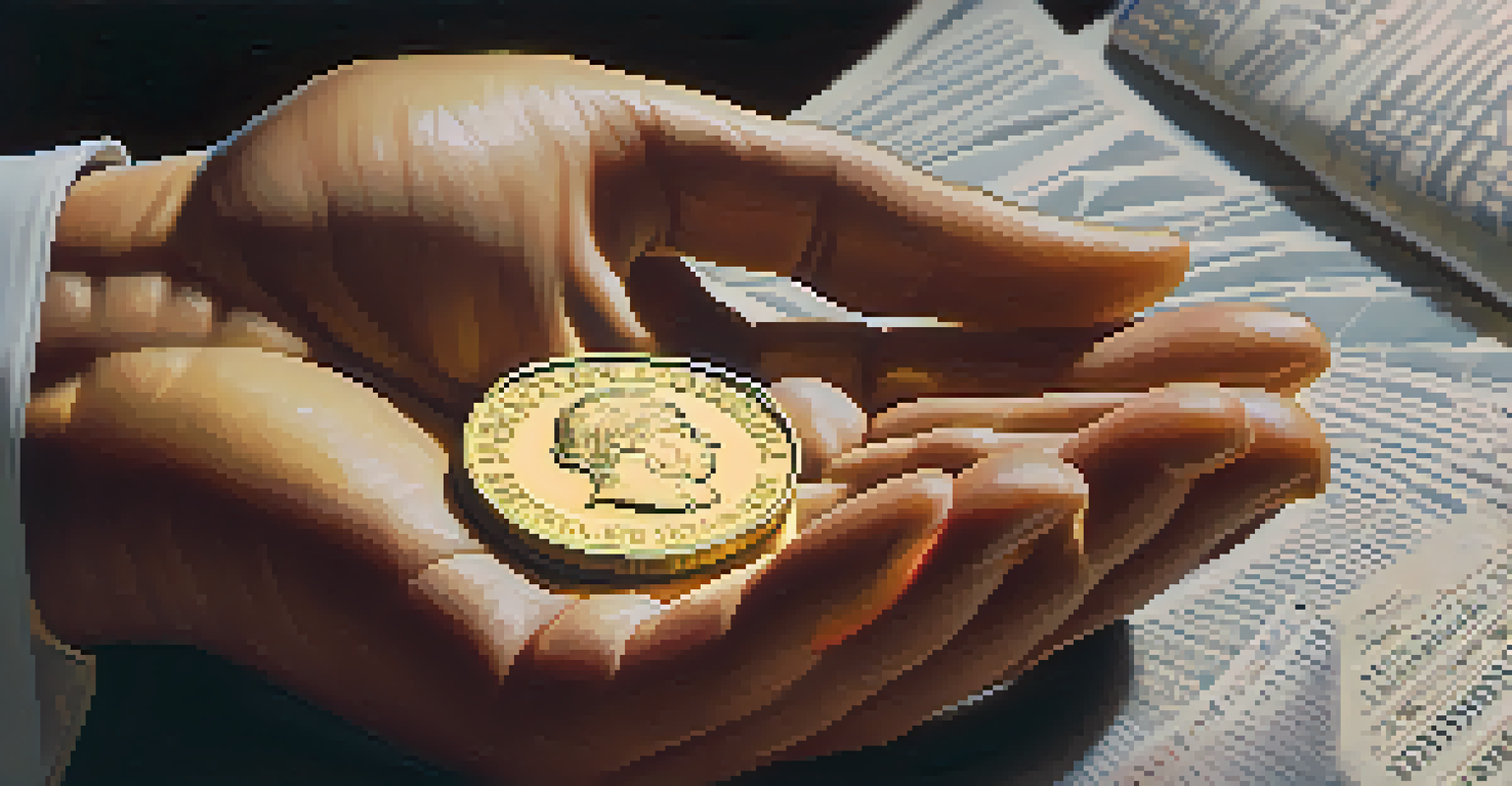 A close-up of a hand holding a shiny gold coin with financial newspaper and stock market charts in the background.