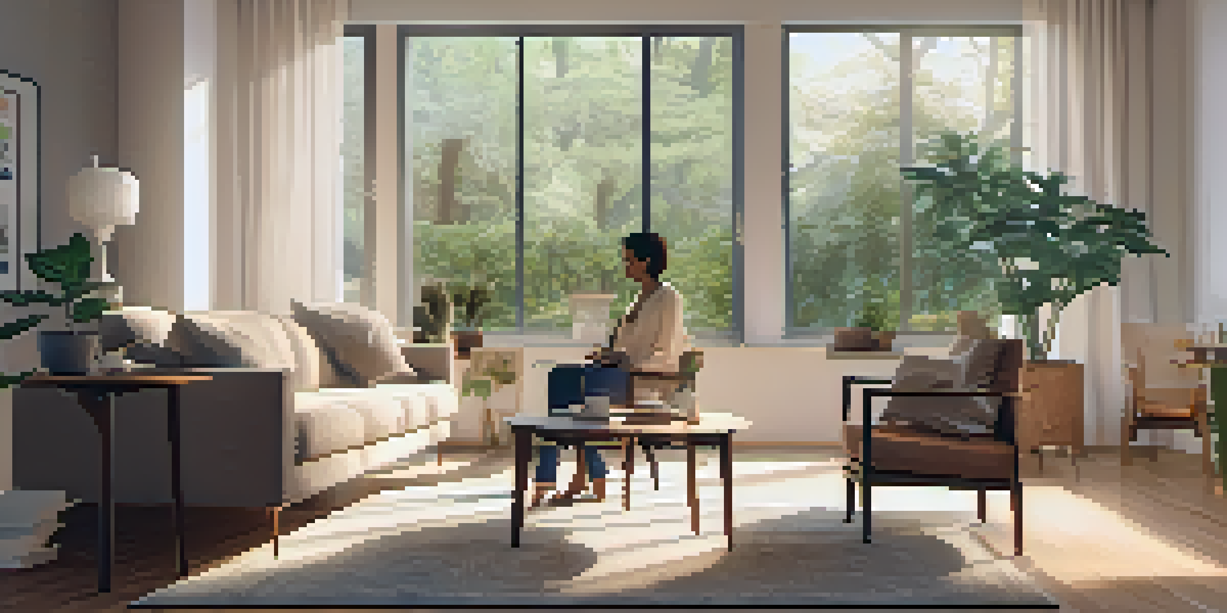 A couple seated in a cozy living room discussing financial documents over a coffee table, with soft natural light and minimalistic decor.