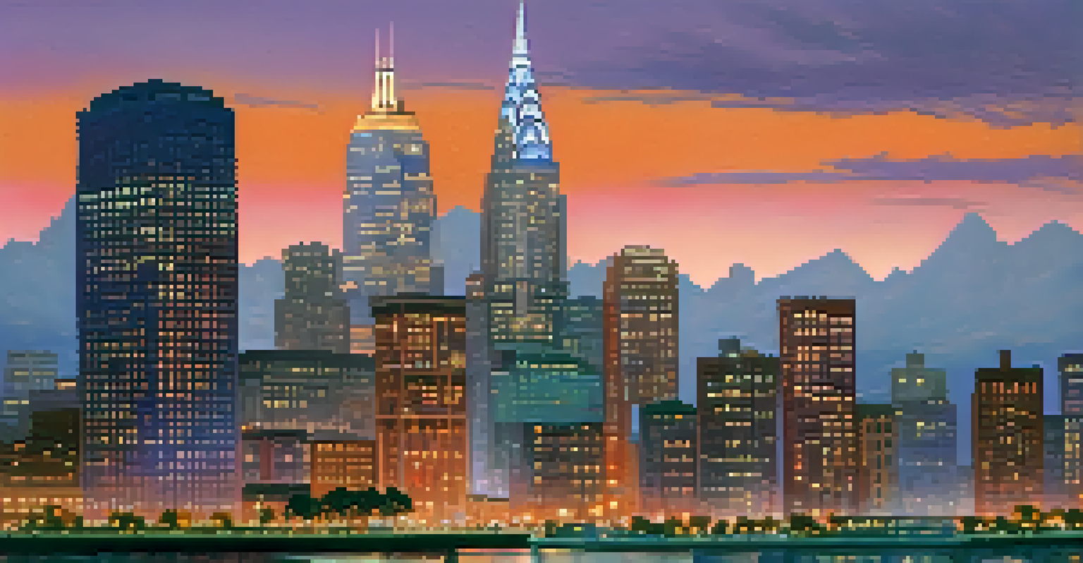 A vibrant city skyline at dusk, with colorful skies and twinkling lights.