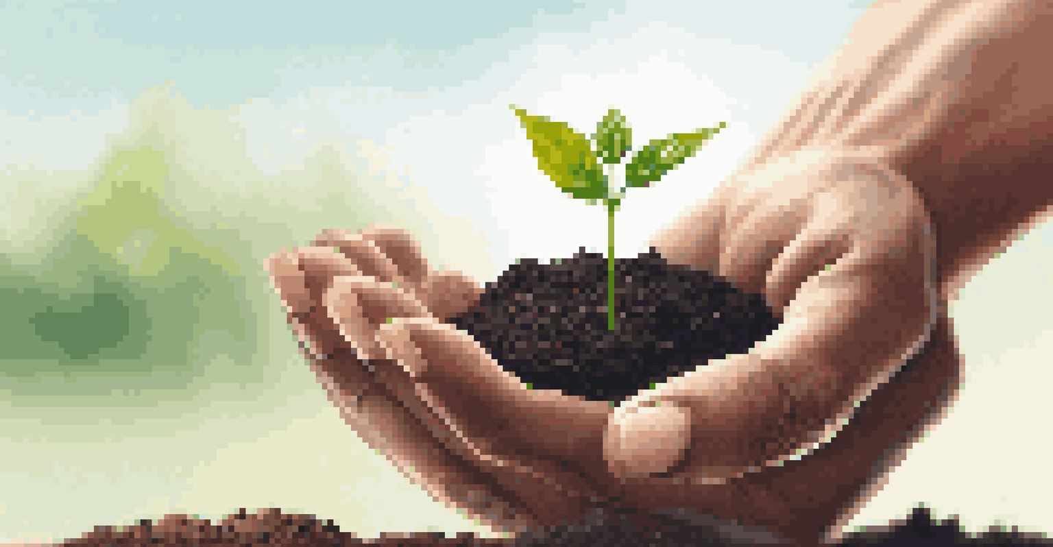 A close-up of a hand nurturing a green plant in soil with a blurred solar panel in the background, highlighting sustainability.