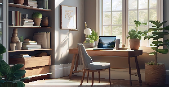 A cozy home office with a laptop, coffee cup, and plants, bathed in sunlight.