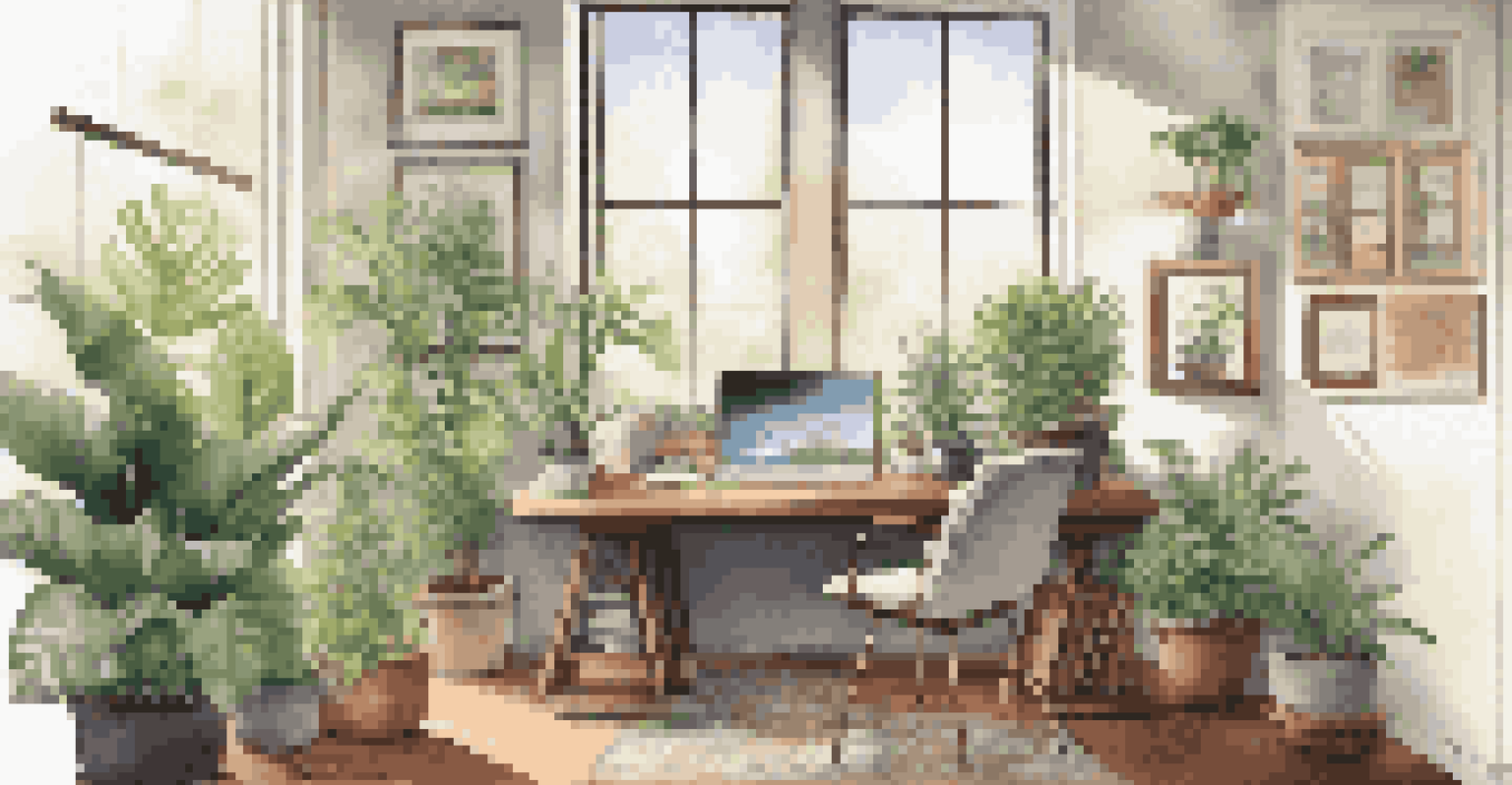 A bright office workspace with a laptop, notepad, coffee cup, and potted plants, illuminated by natural light from large windows.