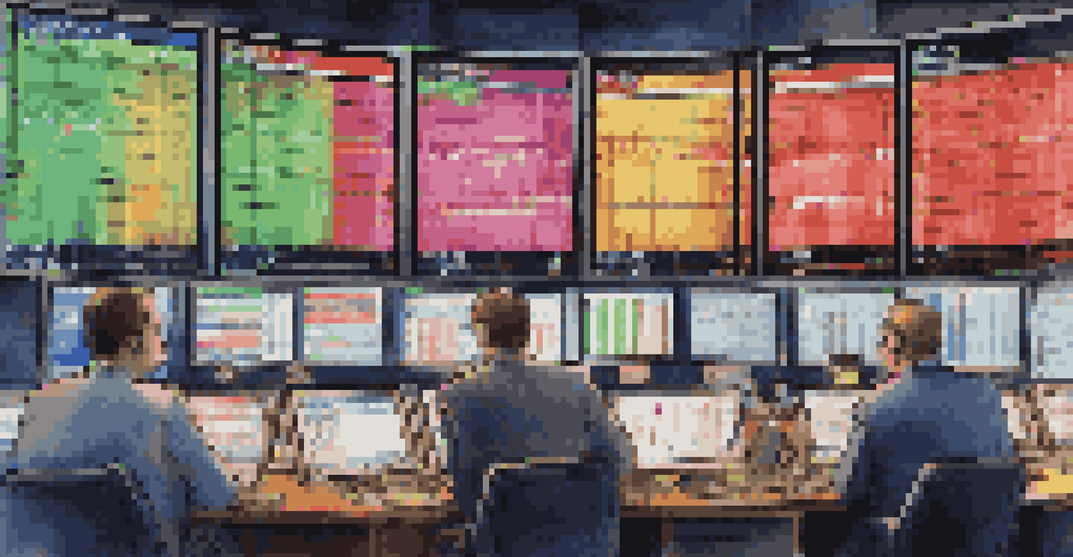A close-up of a stock trading screen with colorful charts and traders in a busy room, reflecting market urgency.