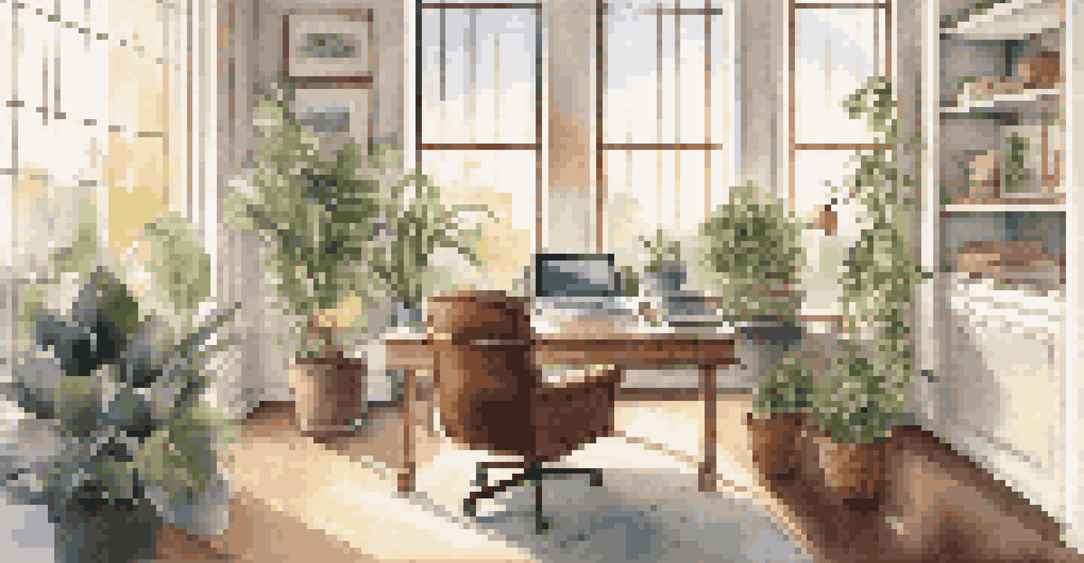 A stylish office with a desk, laptop, and plants, bathed in soft natural light.