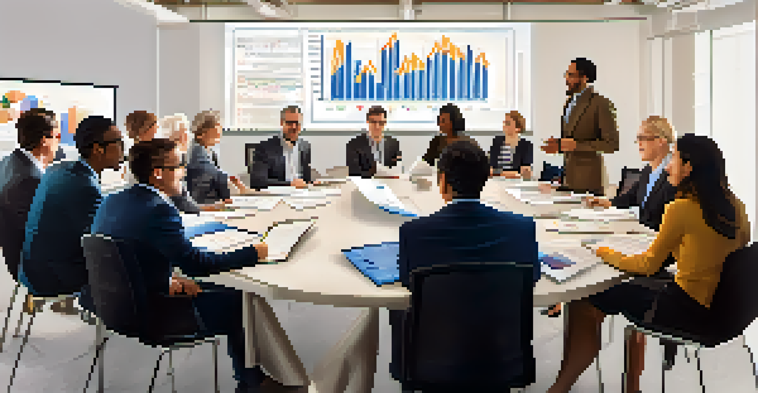 A diverse group of individuals participating in a financial seminar, discussing documents and watching a growth graph on a projector.
