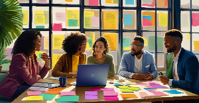 A diverse group of entrepreneurs engaged in a brainstorming session around a table with sticky notes and laptops, illuminated by natural light.