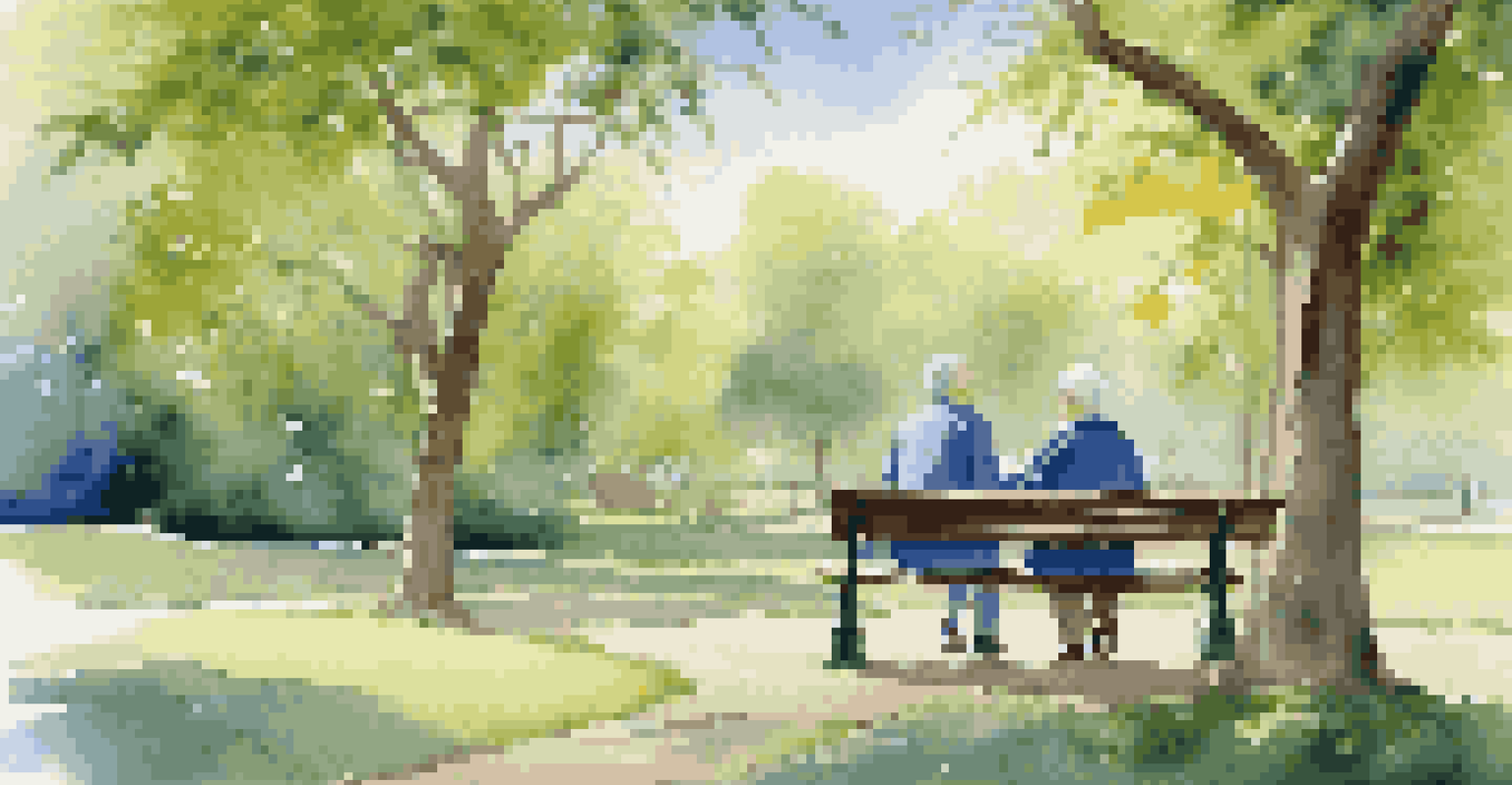 An elderly couple sitting on a park bench discussing retirement plans, surrounded by greenery and a clear blue sky, depicting a peaceful retirement.