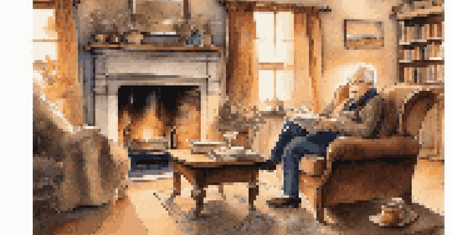 A retired man reading a book in a cozy living room by the fireplace, with warm lighting and comfortable furnishings.