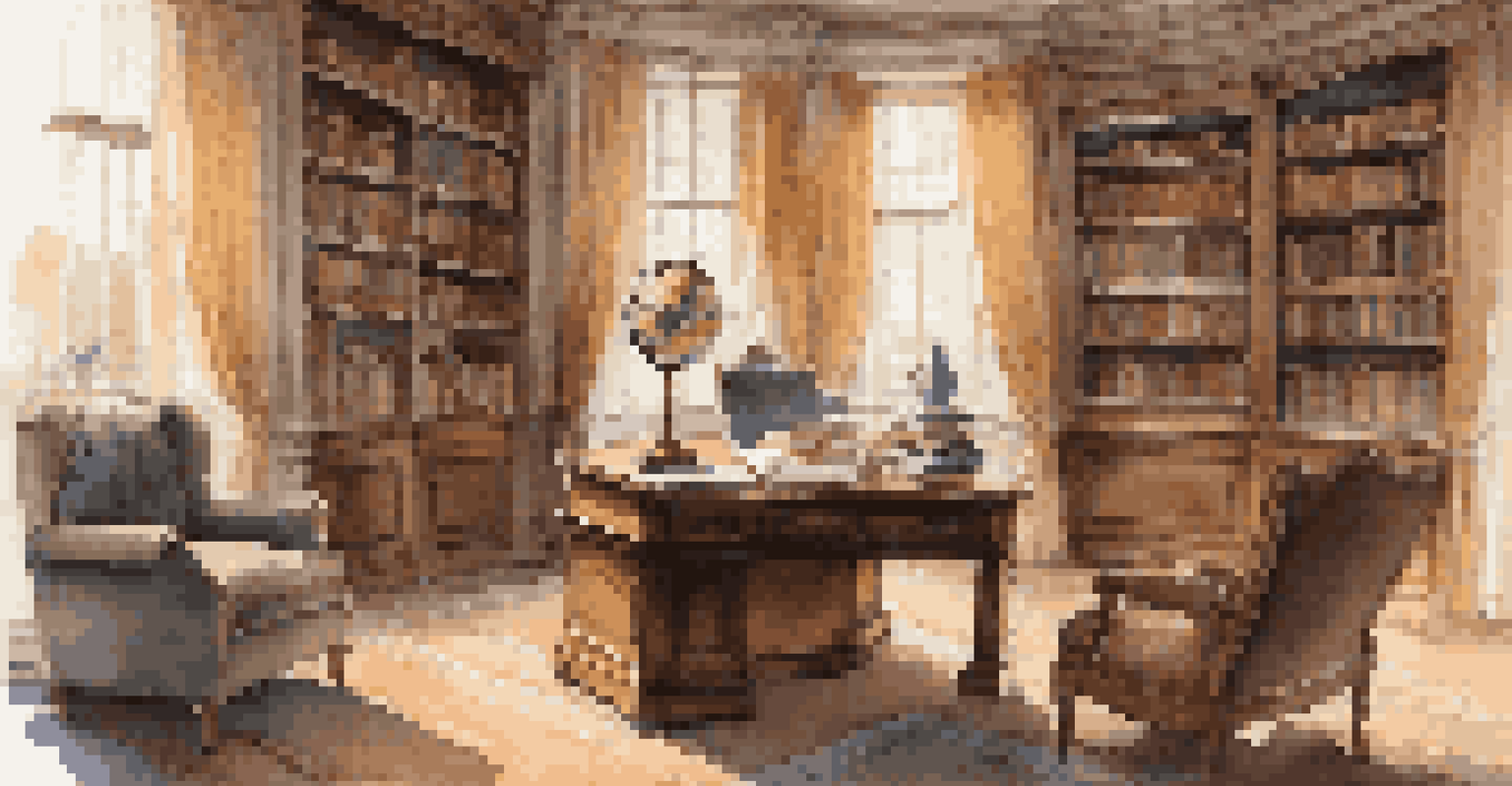 A cozy study room with a wooden desk, bookshelves, and soft sunlight filtering through the window.