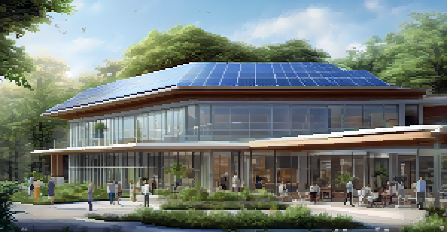 An eco-friendly healthcare facility with greenery and solar panels.