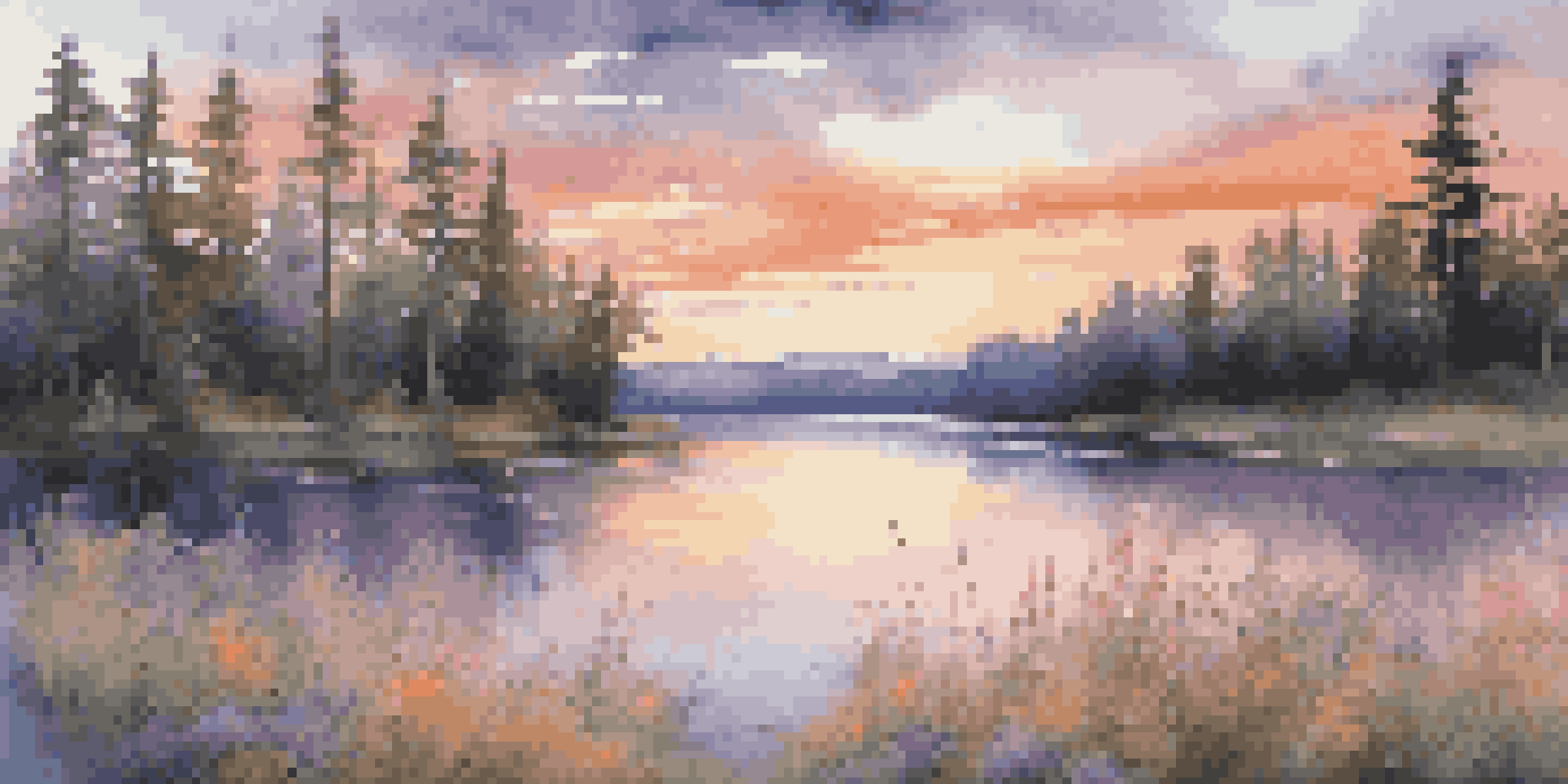 A peaceful sunset over a calm lake with colorful reflections, surrounded by wildflowers and pine trees.