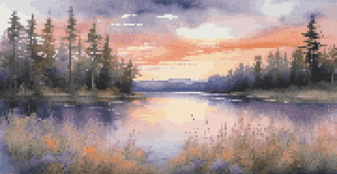 A peaceful sunset over a calm lake with colorful reflections, surrounded by wildflowers and pine trees.