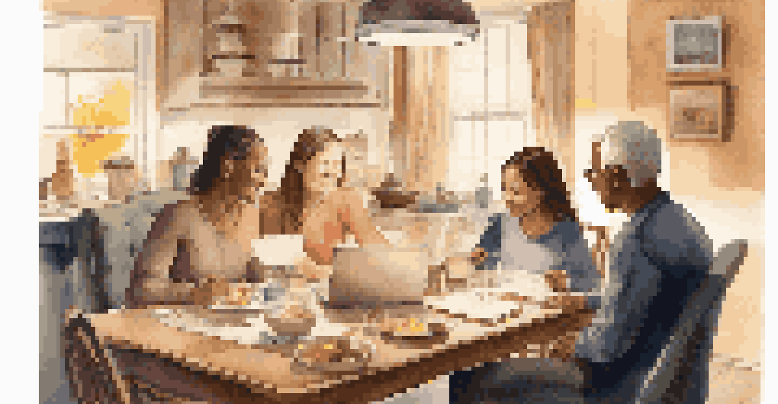 A family around a dining table discussing estate planning, with documents and a laptop visible under warm lighting.