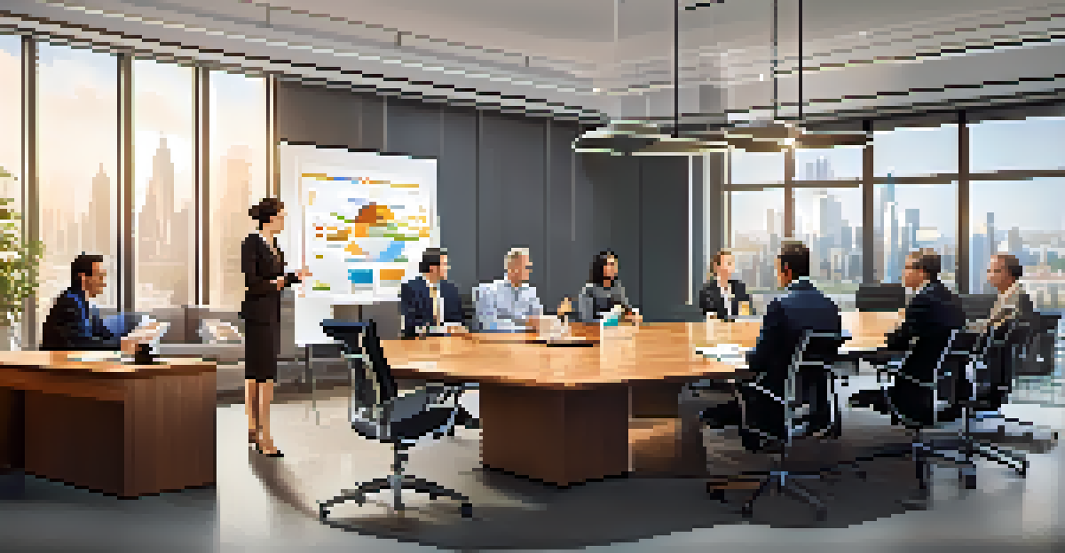 A meeting room with business professionals discussing exit strategies, with charts and graphs on a screen.