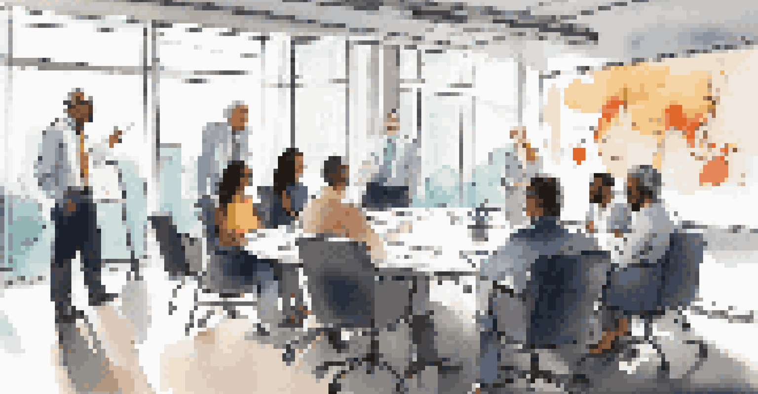 A diverse group of professionals discussing stock options in a modern conference room with a whiteboard showing charts and graphs.