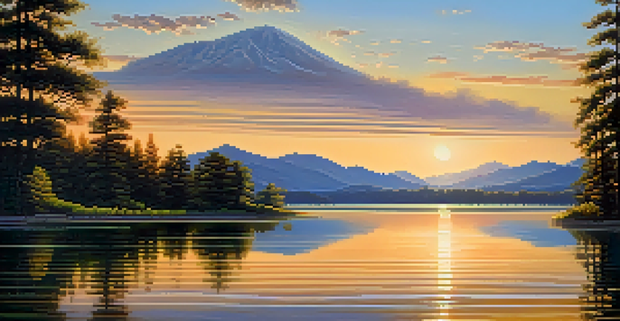 A peaceful lake scene with mountains in the background and a sunset casting golden light over the water.