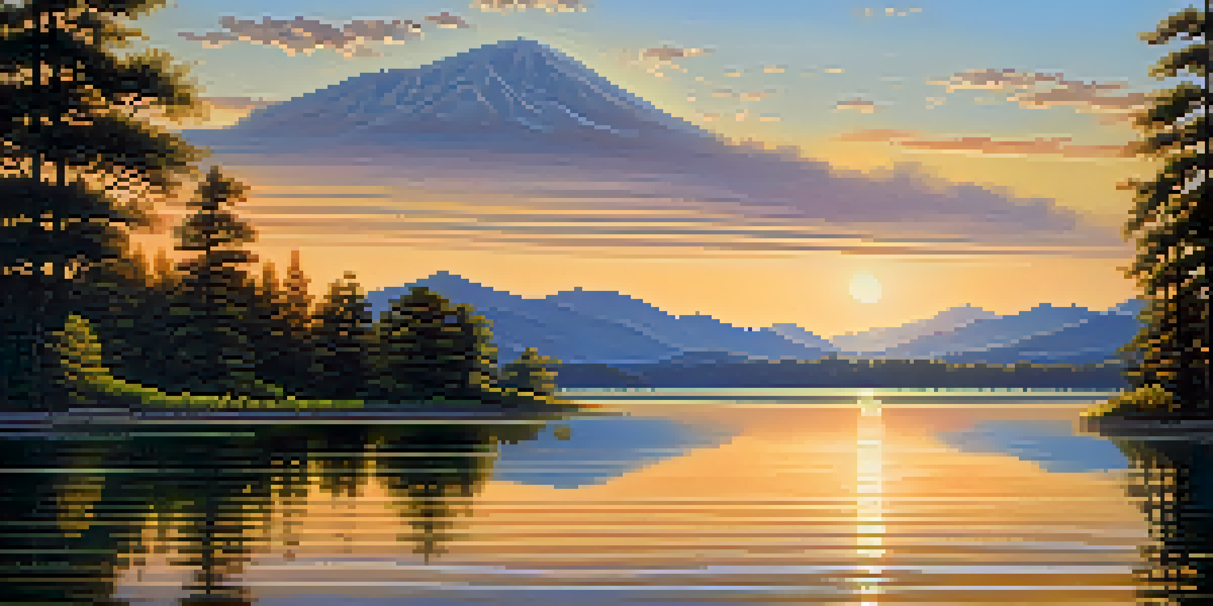 A peaceful lake scene with mountains in the background and a sunset casting golden light over the water.