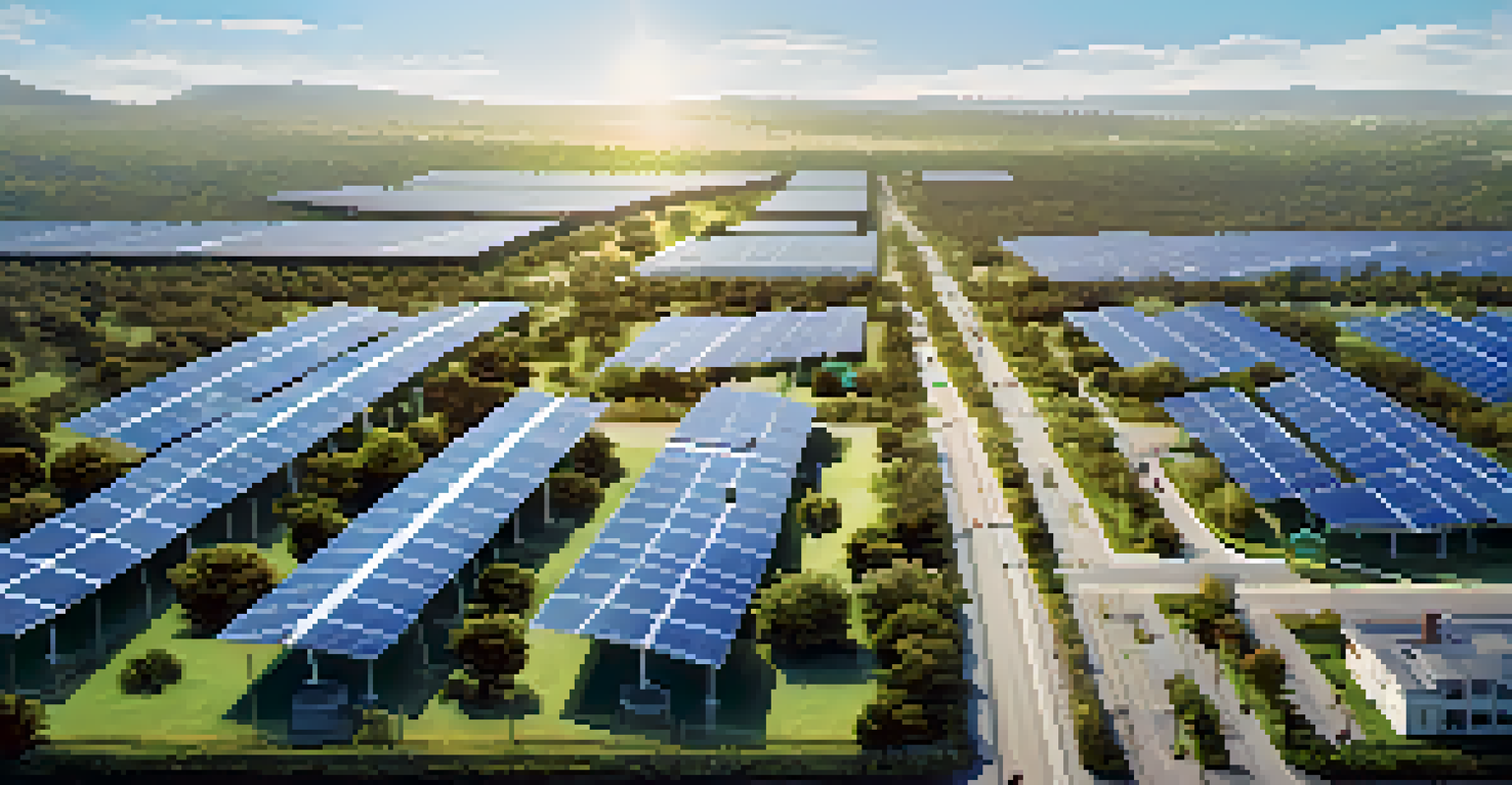 Aerial view of a community with solar panels and wind turbines, surrounded by greenery.