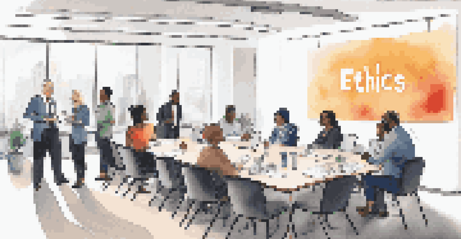 A diverse group of finance professionals in a workshop setting, discussing ethical finance in a bright conference room.
